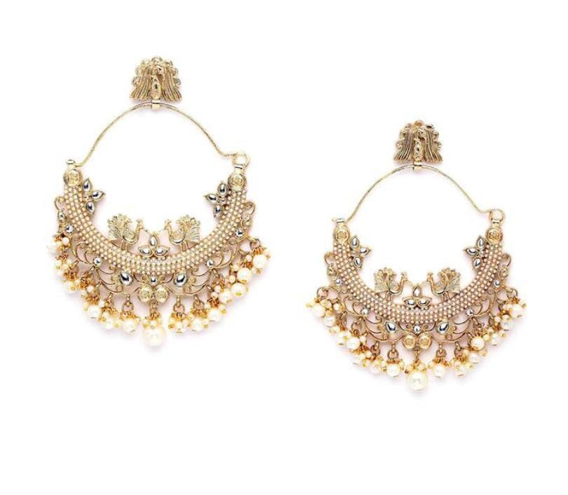 Peacock Gold Plated Chandbaliya, Gold Toned Pearls Studded Peacock Chandbali Earrings, Traditional Hoop Earrings, White Hoop Earrings