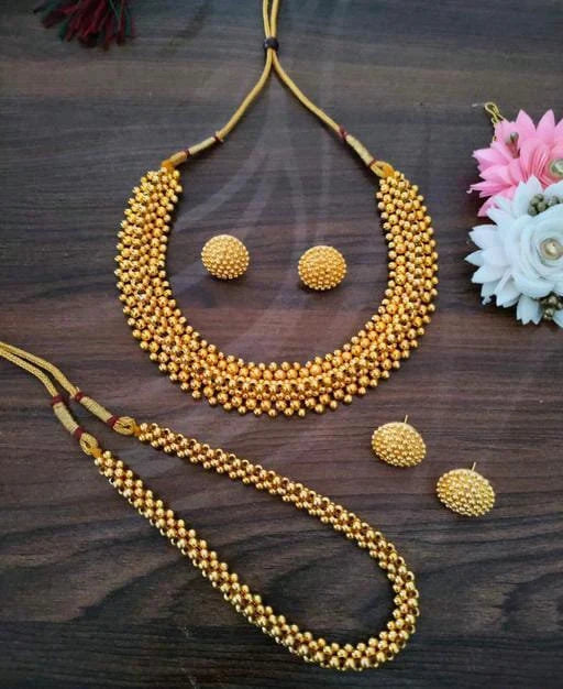 Gold Marathi Look Antique Long Matte Finish Golden Temple chokar Necklace Set