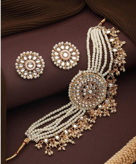 Indian Gold Plated Kundan- Studded & Beaded Necklace Choker Set With Earrings, Pakistani Gold Necklace, Kundan Wedding Bridal Jewellery Set