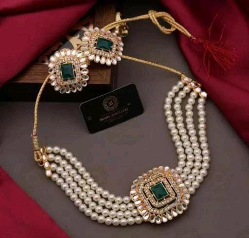 4 Colors Available, Handcrafted Indian Designer Kundan American Diamond Pearls Studded Bridemaids Necklace Jewelry Set With Stud Earrings