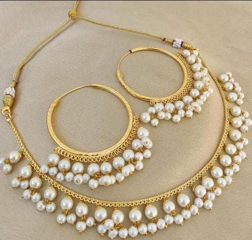 White Pearls Gold Plated Jadau Necklace Set With Pearls Hoop Earrings, Rajwadi Rajasthani Necklace Set, Partywear Jewelry Set