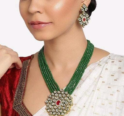 Beautiful Jaipuri Long Kundan Big Pendant Rajwadi Necklace Set With Earrings, Ethnic Gold Plated Jewelry Set, Green Long Necklace, Gifts