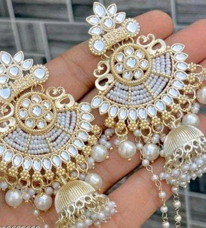 Kundan and Pearl Polki Jhumki Earrings Set With Maangtikka, Chandbaliya Earrings Set, White Kundan Studded Earrings Set, Pakistani Earrings