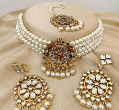 Gold Necklace, Indian Gold Plated Kundan & Pearls Studded Wedding Jewelry Set, Initial Beautiful Pearls Gold Necklace For Women