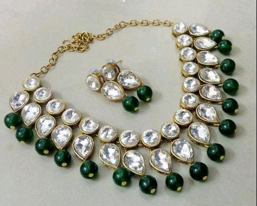 Handcrafted Silver Look Green Color Polki Kundan Necklace Set With Earrings, Bridal Jewelry, Wedding Jewelry, Handmade Jewelry Set