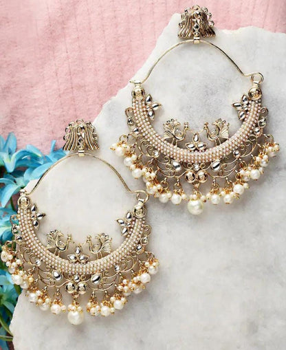 Peacock Gold Plated Chandbaliya, Gold Toned Pearls Studded Peacock Chandbali Earrings, Traditional Hoop Earrings, White Hoop Earrings