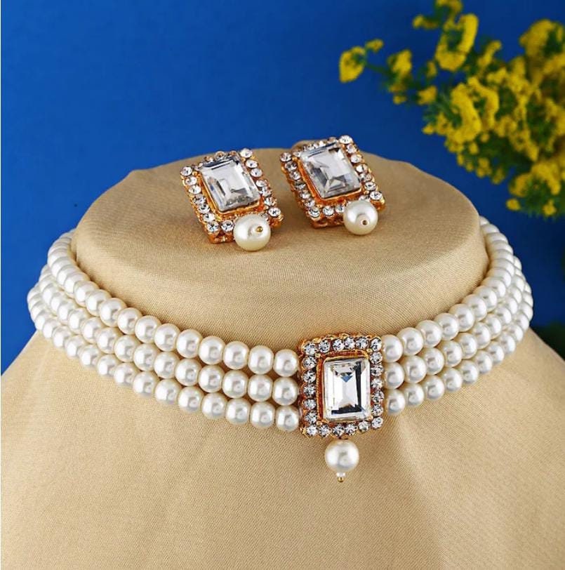 American Diamond CZ Stone Pearls Mala Choker Necklace Set With Stud Earrings, Cubic Zirconia Jewelry Set, White Kundan Necklace Set