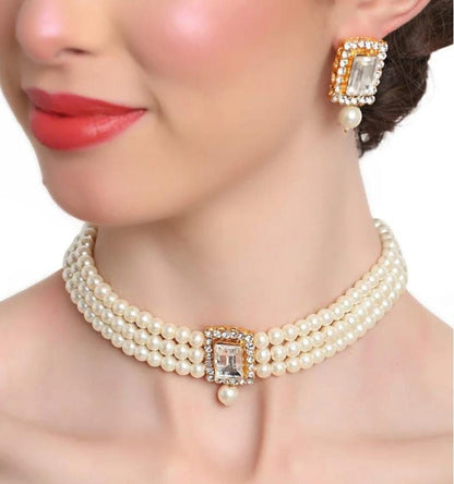 American Diamond CZ Stone Pearls Mala Choker Necklace Set With Stud Earrings, Cubic Zirconia Jewelry Set, White Kundan Necklace Set