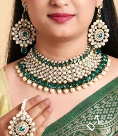 Indian Bridal Wedding Wear Green Kundan Jewelry Set With Earrings Maangtikka, Punjabi Bridal Jewelry Set, Gold Plated Necklace Jewelry Set