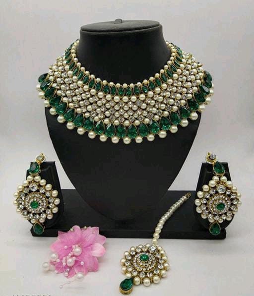 Indian Bridal Wedding Wear Green Kundan Jewelry Set With Earrings Maangtikka, Punjabi Bridal Jewelry Set, Gold Plated Necklace Jewelry Set