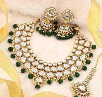 Rajwadi Raani Haar Punjabi Green Bridal Wedding Jewelry Set, Polki Kundan Gold Plated Big Size Kundan Pearls Necklace Set With Earrings Tika