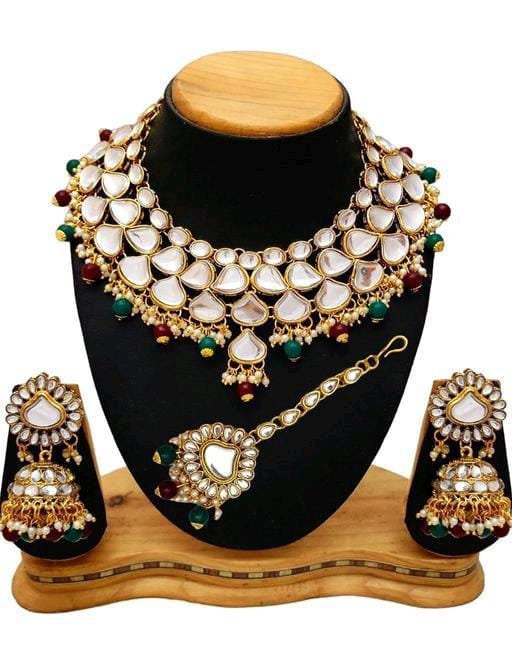 Rajwadi Raani Haar Punjabi Green Bridal Wedding Jewelry Set, Polki Kundan Gold Plated Big Size Kundan Pearls Necklace Set With Earrings Tika