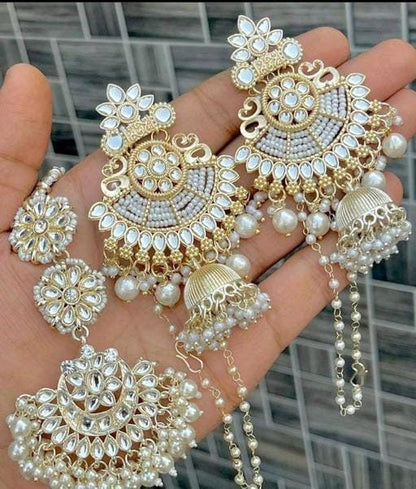 Kundan and Pearl Polki Jhumki Earrings Set With Maangtikka, Chandbaliya Earrings Set, White Kundan Studded Earrings Set, Pakistani Earrings