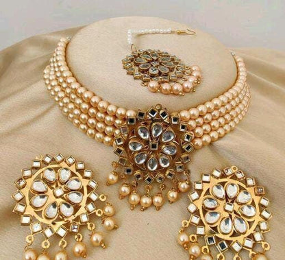 Gold Necklace, Indian Gold Plated Kundan & Pearls Studded Wedding Jewelry Set, Initial Beautiful Pearls Gold Necklace For Women