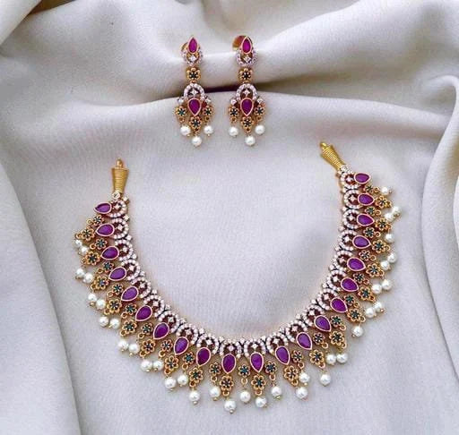 Gold Plated Handmade Cubic Zirconia Crystal AD Necklace Set With Tiny Jhumki For Women & Girls