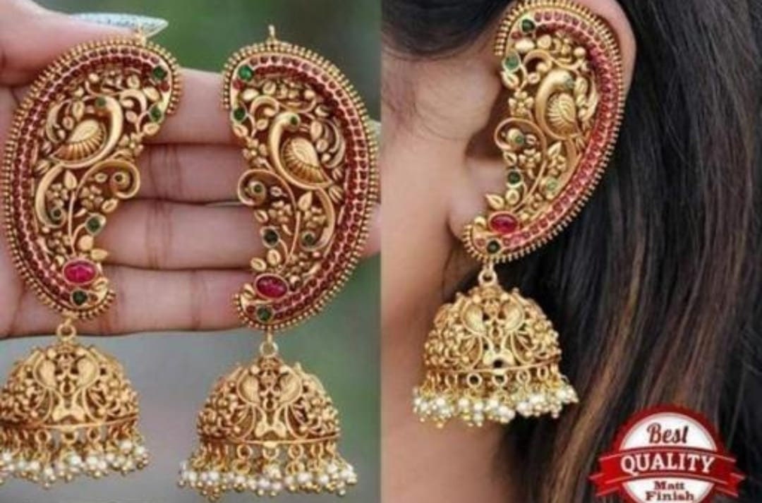 Stylish Gold Plated Bahubali Style Circular Stud Earrings With Hair Chain, Kundan Chanbaliyan, Kundan Earrings With Sahara, Bahubali Jewelry