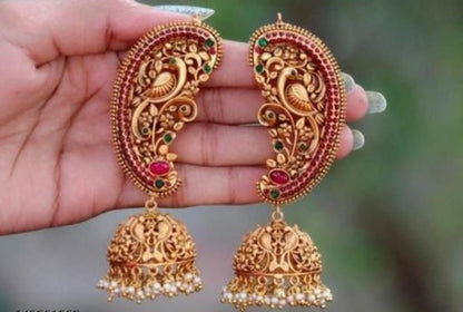 Stylish Gold Plated Bahubali Style Circular Stud Earrings With Hair Chain, Kundan Chanbaliyan, Kundan Earrings With Sahara, Bahubali Jewelry