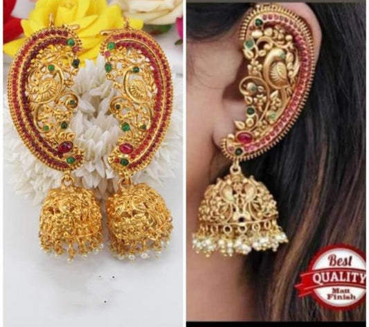 Stylish Gold Plated Bahubali Style Circular Stud Earrings With Hair Chain, Kundan Chanbaliyan, Kundan Earrings With Sahara, Bahubali Jewelry