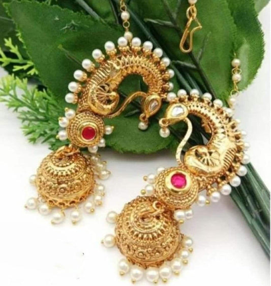 Pearls Gold Plated Bahubali Style Circular Stud Earrings With Hair Chain, Kundan Chanbaliyan, Kundan Earrings With Sahara, Bahubali Jewelry