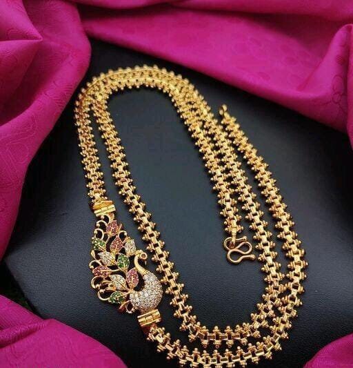 Designer Peacock Style AD Studded Gold Polish New Stylish Mop Covering Mogappu Saradu Chain For Women