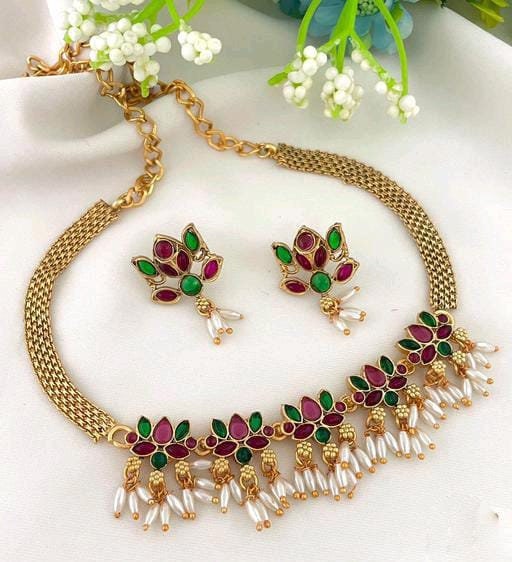 Traditional Gold Plated South Indian Lotus Style Beautiful Necklace Set For Women | Traditional Jewellery | South Indian Jewelry