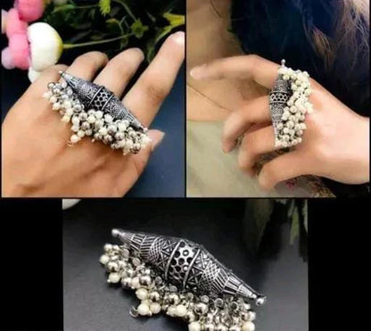 Big Size Sankh Style Latest Rajasthani Pearls Silver Oxidized Ring For Women & Girls