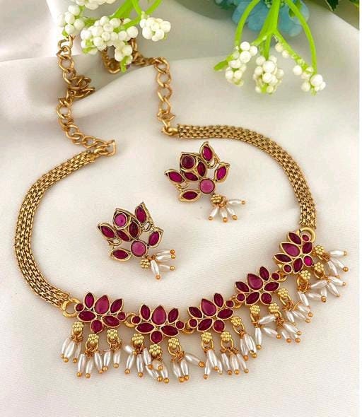 Pink Lotus Gold Necklace/ Bridesmaid Jewelry Necklace set /Matte Gold Choker Necklace/ Indian Necklace/Women Jewelry Gifts/Indian Jewelry