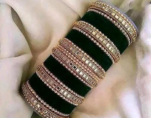 Dark Green Color Indian Pakistani Bridal Bangles With Kundan Velvet Bridal Bangles Lightweight Jewelry Party Wear Bangles Indian Bangles