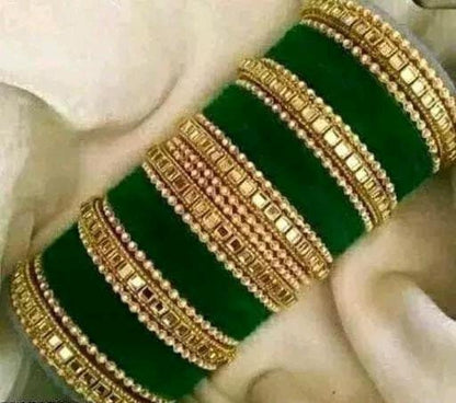 Dark Green Color Indian Pakistani Bridal Bangles With Kundan Velvet Bridal Bangles Lightweight Jewelry Party Wear Bangles Indian Bangles