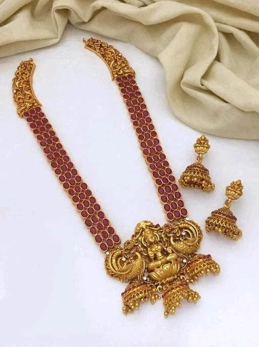 Maa Laxmi Green Kempo Work  Long Haram Matte Golden Temple South Indian Necklace Set