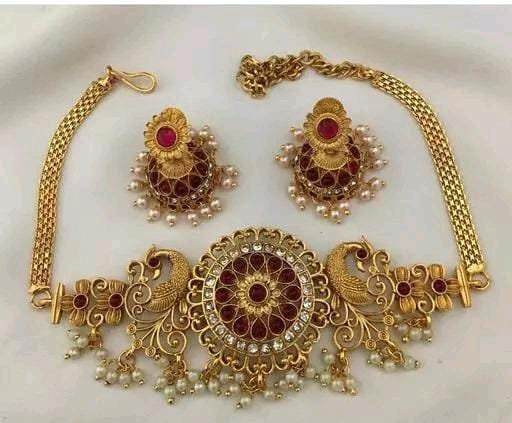 Handmade High quality beautiful Gold plated Mango Motif Design Maroon Kemp Stone Choker Necklace Set | Bollywood Jewelry | Temple Jewelry