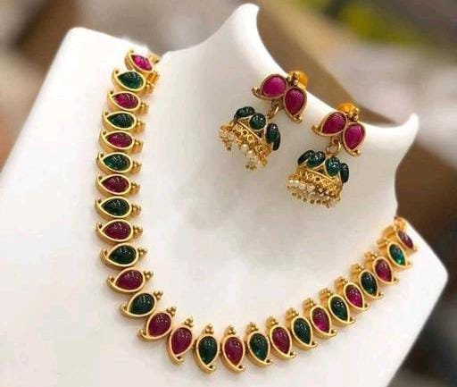 Indian High quality beautiful Gold plated Mango Motif Design Maroon Green Kemp Stone Choker Necklace Set | Bollywood Jewelry  Temple Jewelry