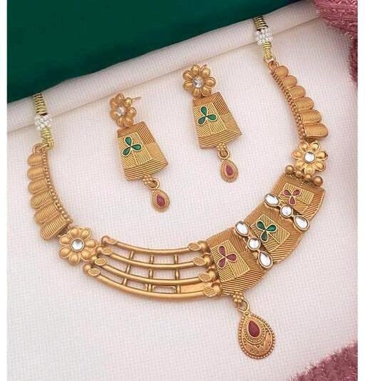 Antique Gold-Plated Indian Choker Necklace and Earrings Set, Temple South Indian Gold Plated Choker Set With Earrings Fancy Designer Jewelry