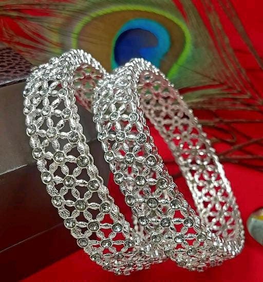 Silver American Diamond Bangle/Bracelet Indian Jewelry/Silver Finish Bridal Bracelet Indian Jewelry Cubic Zirconia Bangles/Pack of 2 Pcs