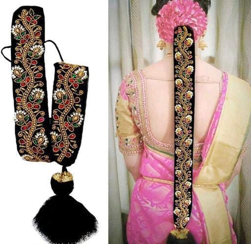 Maggam work jada Bharatanatyam poola jadalu kunjalam Billalu set braid hair extensions, hair assesories for wedding, Hair Juda, Hair Pins