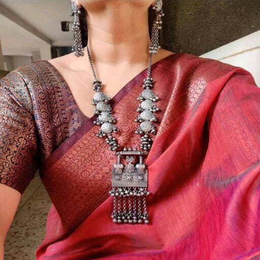 Indian Oxidized Kundan Choker Set, Handcrafted Long Necklace Set Earrings, Antique Dual Tone Jewelry, Indian Necklace Combo Free Delivery