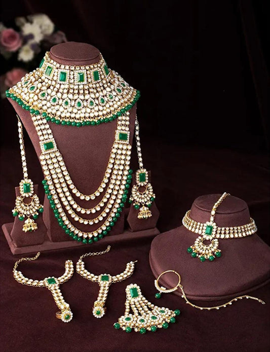 Sabyasachi Inspired Indian Bridal Jewelry Gold Bollywood Wedding Bridal Set Green Gold Plated Uncut Kundan Heavy Bridal Necklace Set