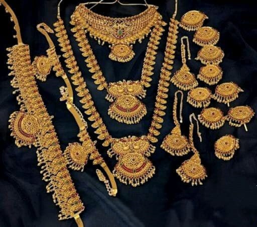 Antique Long Matte Golden Temple South Indian Bridal Jewellry Set With Earrings, Maangtika And Kamar Patti, Hip Belt Bridal Combo, Necklace