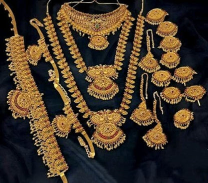 Antique Long Matte Golden Temple South Indian Bridal Jewellry Set With Earrings, Maangtika And Kamar Patti, Hip Belt Bridal Combo, Necklace