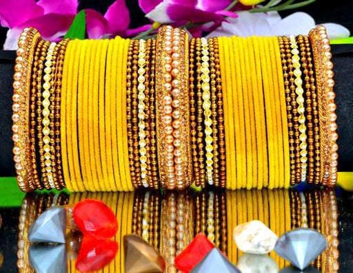 Set Of 2 Hand Yellow Haldi Gold Metal  Bangles Set, Golden Chudiya, Ethnic Chudiya Bangles Set, Traditional Bangles, Braceler & Bangles