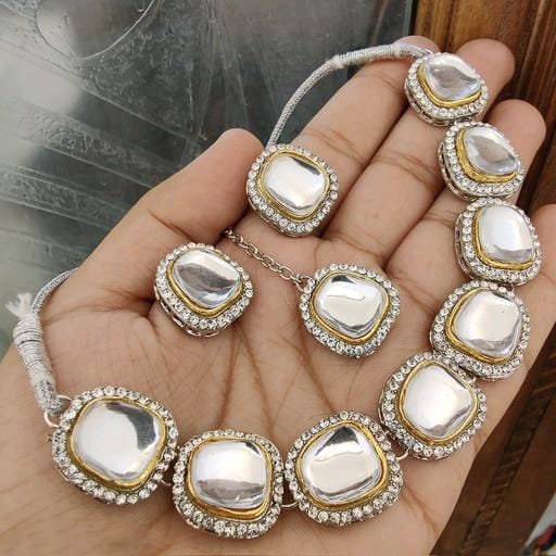 Polki Royal Choker Beautiful Hnadmade Heavy Necklace Set With Earrings Tikka, Afghani Wedding Jewelry, Silver Kundan Necklace With Earrings