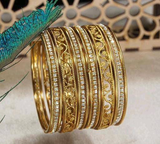 White Stone Gold Metal Oxidised Bangles Set, Golden Chudiya, Ethnic Chudiya Bangles Set, Traditional Bangles, Braceler & Bangles