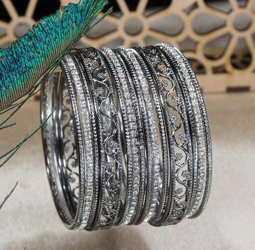 Stone Look Silver Metal Oxidised Bangles Set, Silver Chudiya, Ethnic Chudiya Bangles Set, Traditional Bangles, Braceler & Bangles