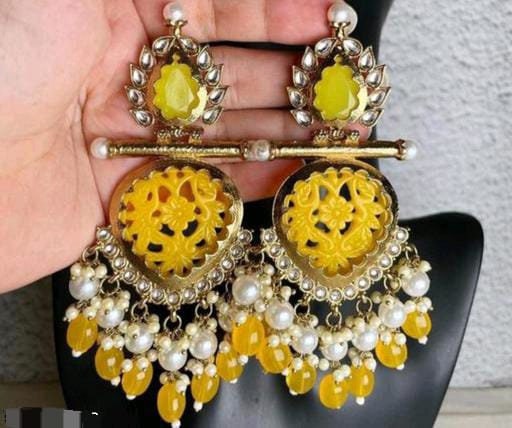 Chandbali, Gold Long Earrings, Yellow earrings, indian jewellery, Kundan, bollywood style, wedding jewellery, Kundan, Kundan Chandbali