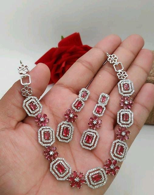 CZ Diamonds Silver Necklace Earrings Set | Pink Bridal Necklace Indian Jewelry Set | Statement Choker set Crystal Jewelry | Indian designs