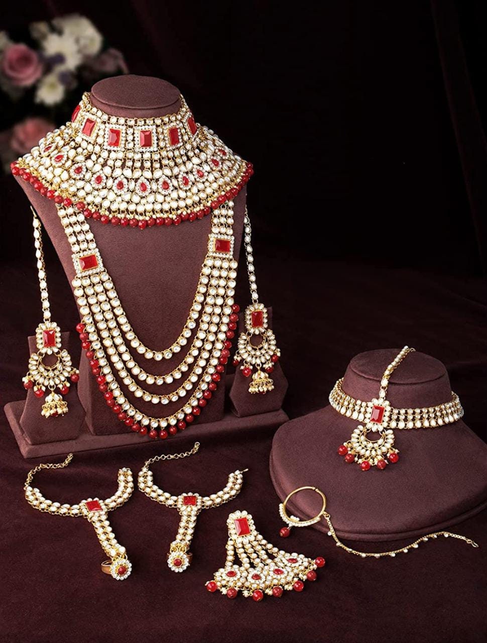 Sabyasachi Inspired Indian Bridal Jewelry Gold Bollywood Wedding Bridal Set Red Gold Plated Uncut Kundan Heavy Bridal Necklace Set