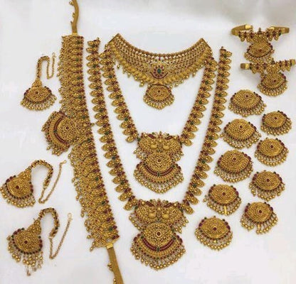 Antique Long Matte Golden Temple South Indian Bridal Jewellry Set With Earrings, Maangtika And Kamar Patti, Hip Belt Bridal Combo, Necklace