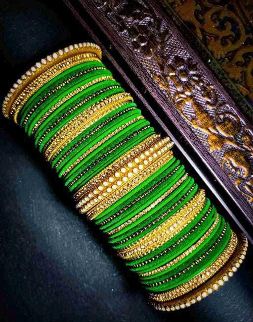 Set Of 2 Hand Green Bridal Gold Metal  Bangles Set, Golden Chudiya, Ethnic Chudiya Bangles Set, Traditional Bangles, Braceler & Bangles