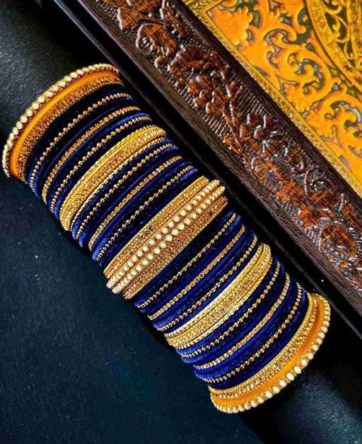 Royal Blue Indian Bridal Gold Metal  Bangles Set, Golden Chudiya, Ethnic Chudiya Bangles Set, Traditional Bangles, Braceler & Bangles