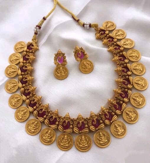 Indian Gold Plated Temple Designer Copper Matte Finish South Indian Jewelry Set For Women, Gold Plated Necklace Set, Green-pink Necklace